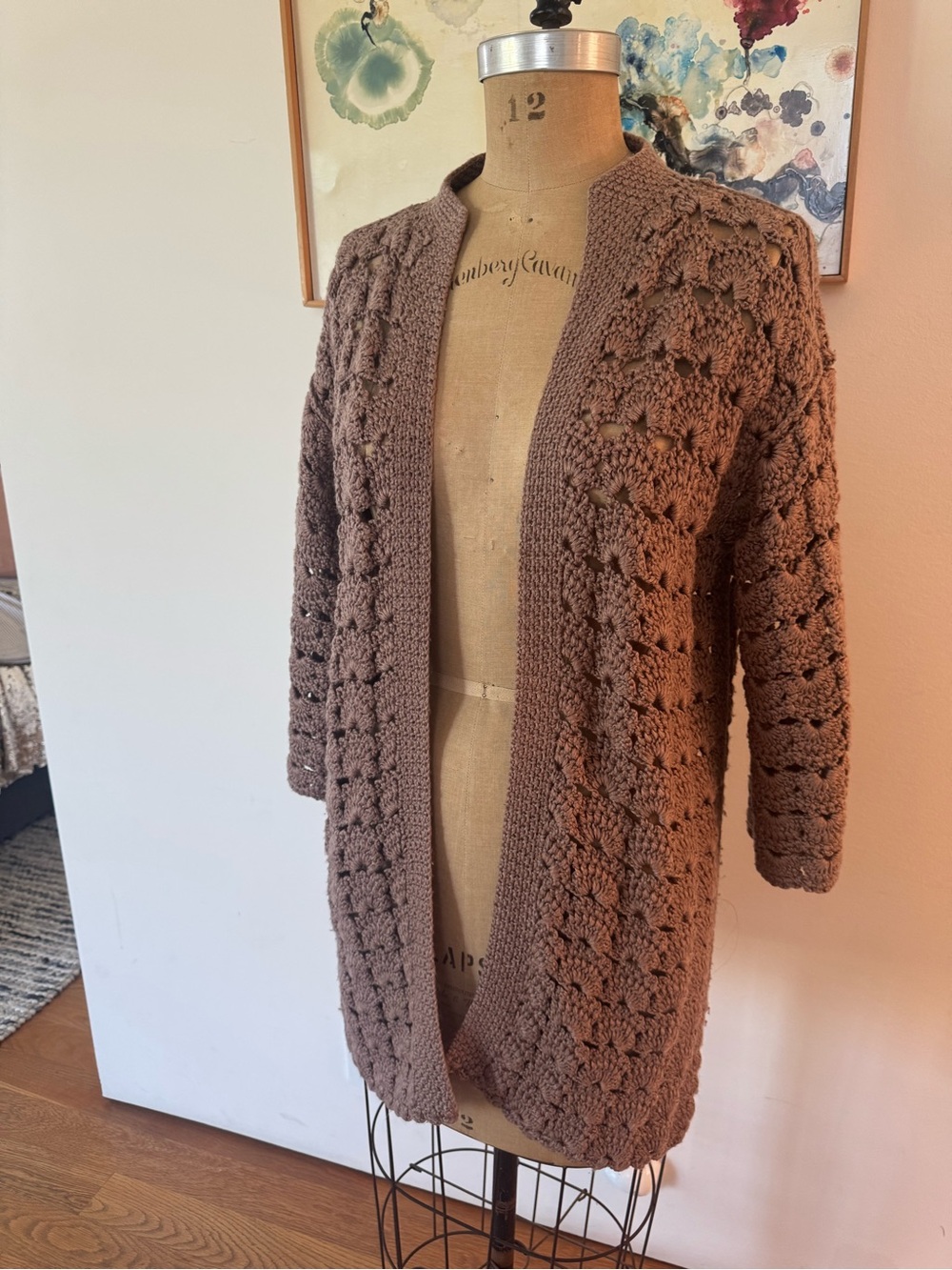 Vintage Brown Open-Front Crochet Cardigan Sweater